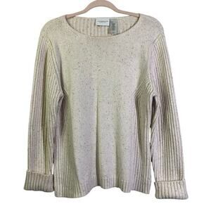 LIZ CLAIBORNE LIZWEAR JEANS Large Cream Moral Ribbed‎ Knit Crew Neck Cotton Wool